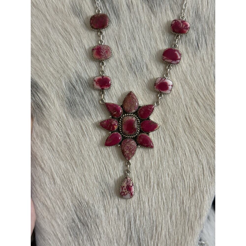 Native American SW Sterling Silver Pink Red Jasper Huge Cluster Necklace Lariat - Picture 11 of 16